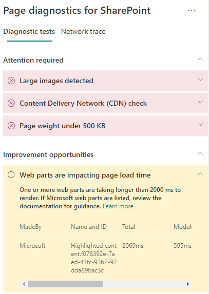 Page Diagnostics tool results.