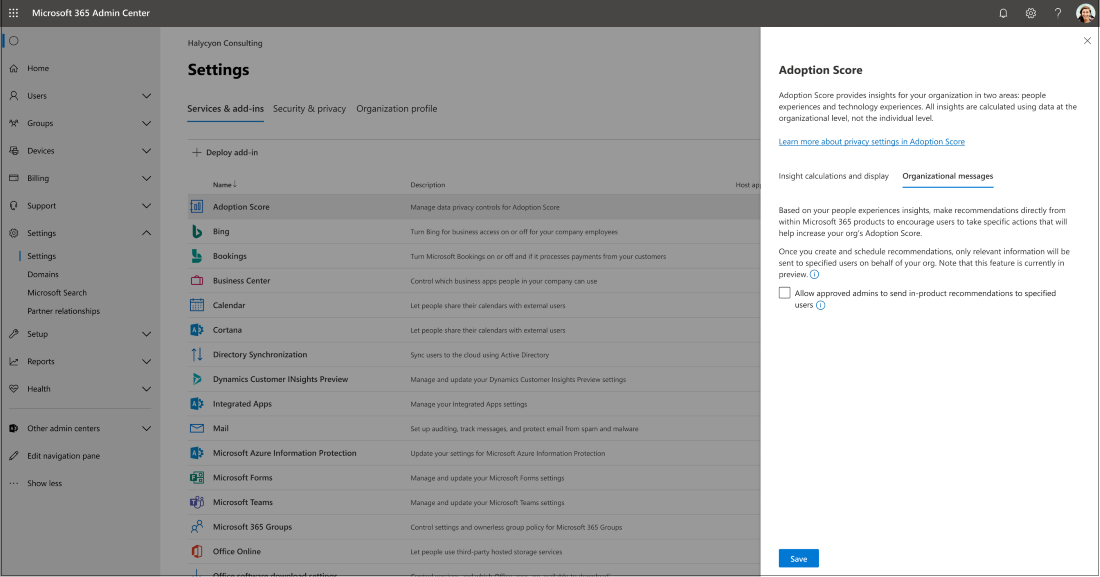 Screenshot: How to enable Organizational Messages in Adoption Score.