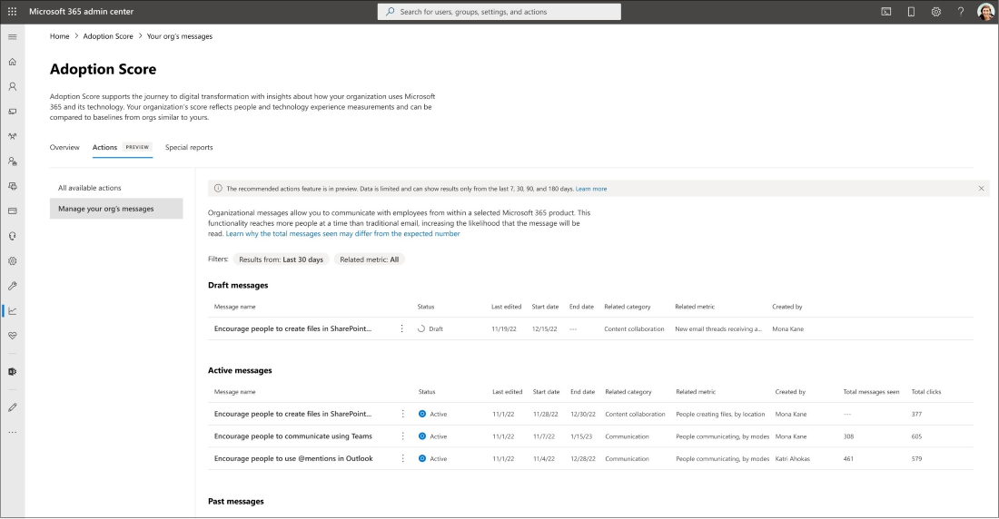 Screenshot: Track the status of your message for Organizational Messages in Adoption Score.