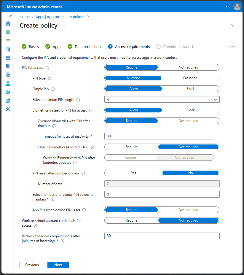 Access requirements UI for Android.