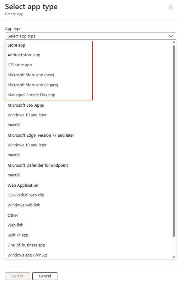 Intune app types