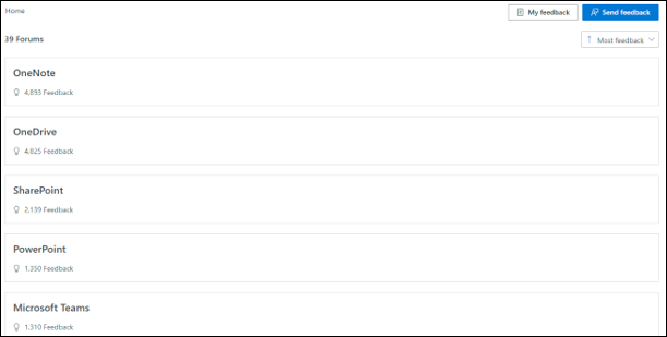 Screenshot: Selection of Microsoft products you can send feedback on