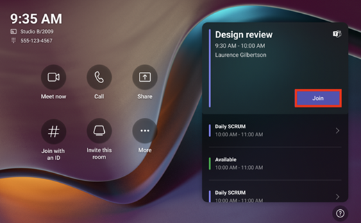Screenshot that shows Microsoft Teams Rooms. Example information about the meeting appears on the screen with a Join button.