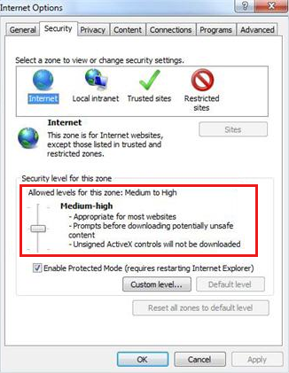 Screenshot shows steps to set the security level to Medium-high.