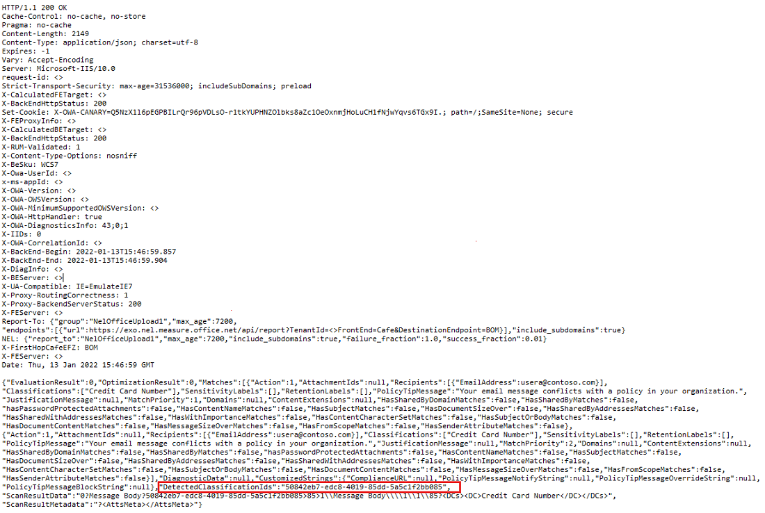 A screenshot of Response in which the DetectedClassificationIds value is highlighted.