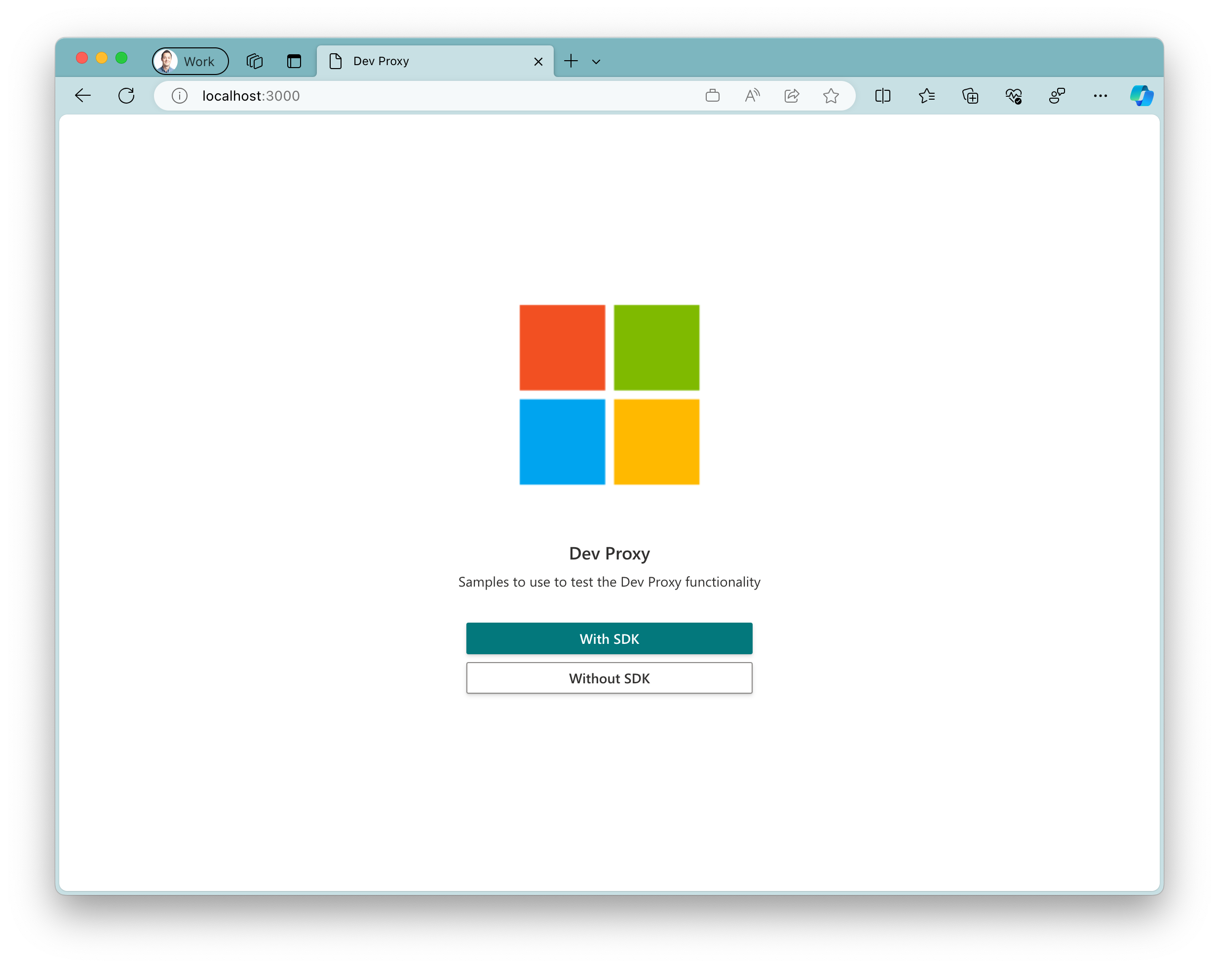 Screenshot of the sample app running in Microsoft Edge browser on macOS. The app shows a large Microsoft logo with two buttons below it. A primary button with the text 'With SDK' and a secondary button with the text 'Without SDK'.