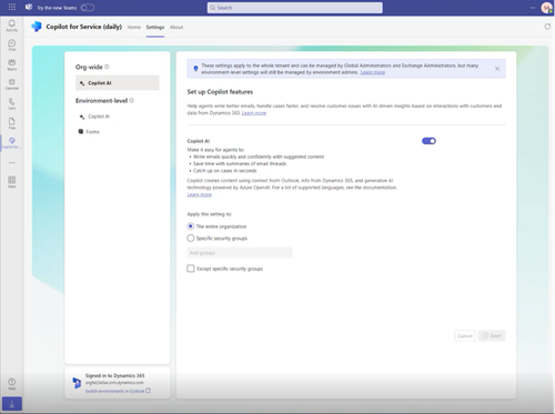 Screenshot showing Copilot for Service admin settings in Teams.