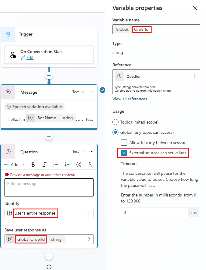 Screenshot of the Variables properties dialog showing the integration of variables in Copilot Studio.