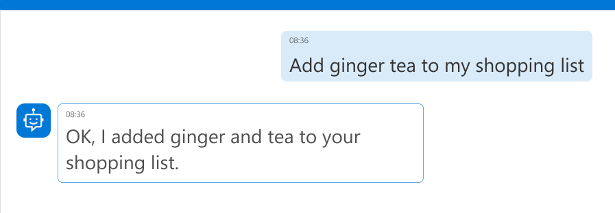 Screenshot of the user asking the agent to add ginger tea to their shopping list, but the agent incorrectly adds ginger and tea instead.