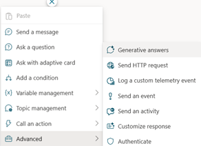 Screenshot showing the selection of generative answers from the advanced menu options.