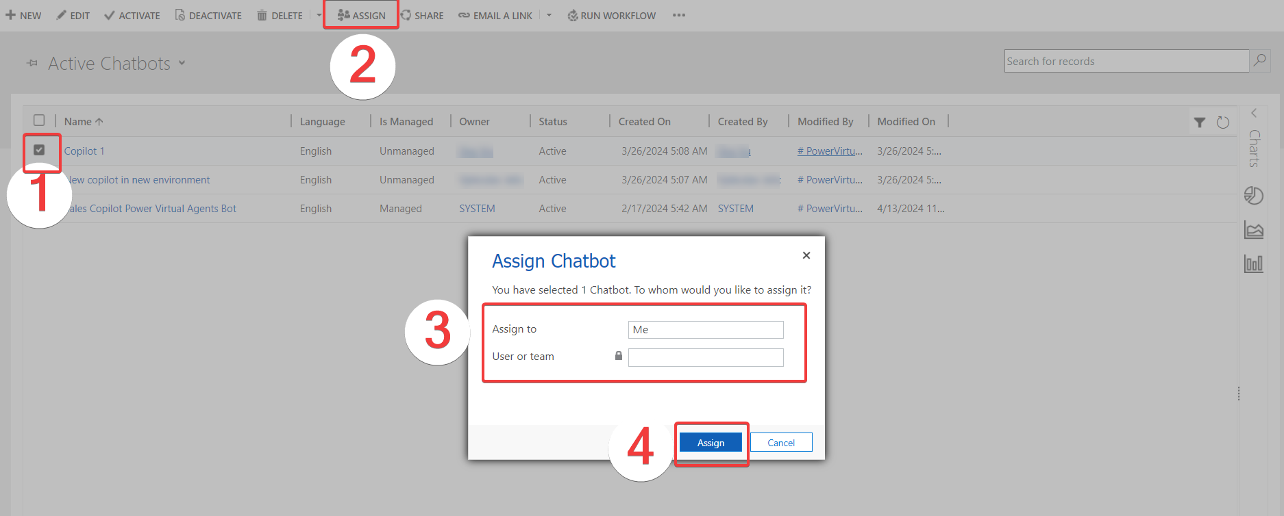 Screenshot of the four steps to assign ownership of the agent to a new user.