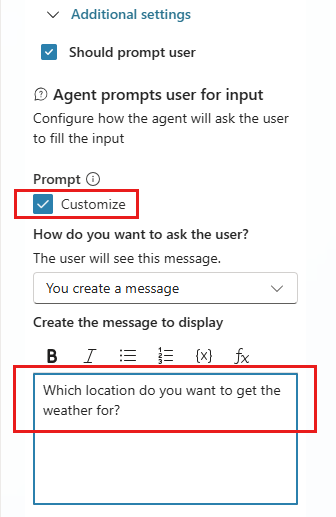 Screenshot of a portion of the Additional settings section in the Topic details panel, showing a custom question to ask the user for input