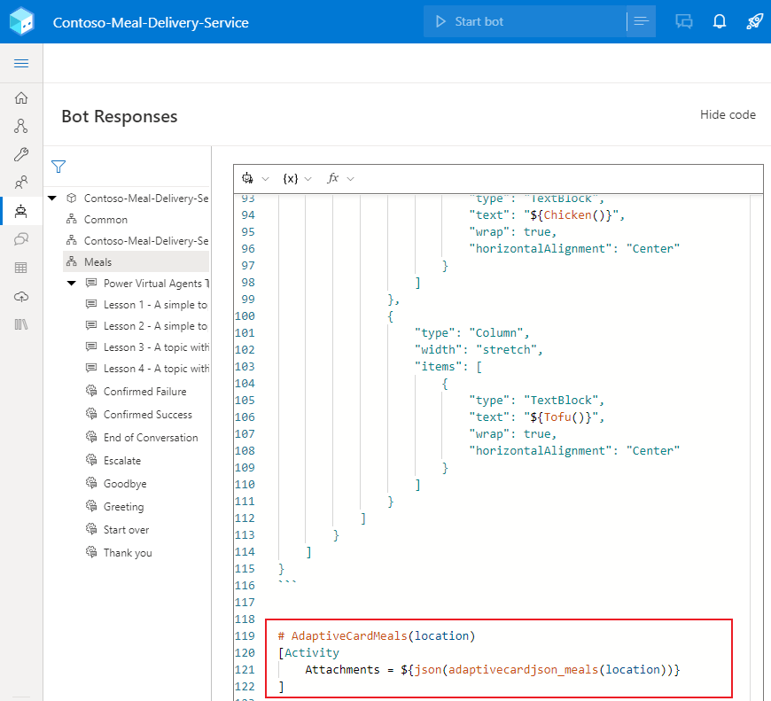 Composer Bot Responses tab - Activity.