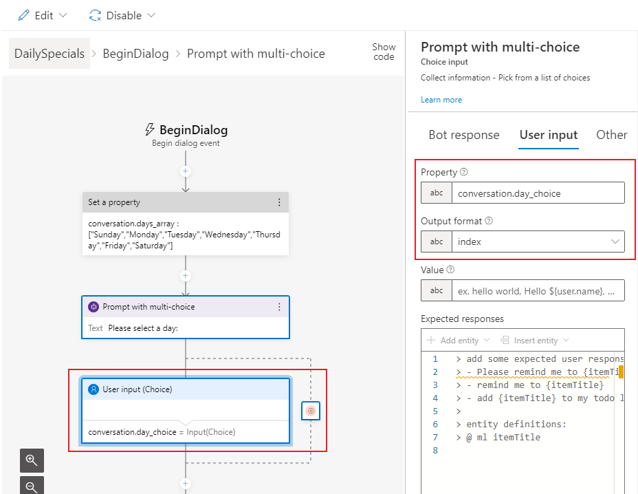 Screenshot of user input set.