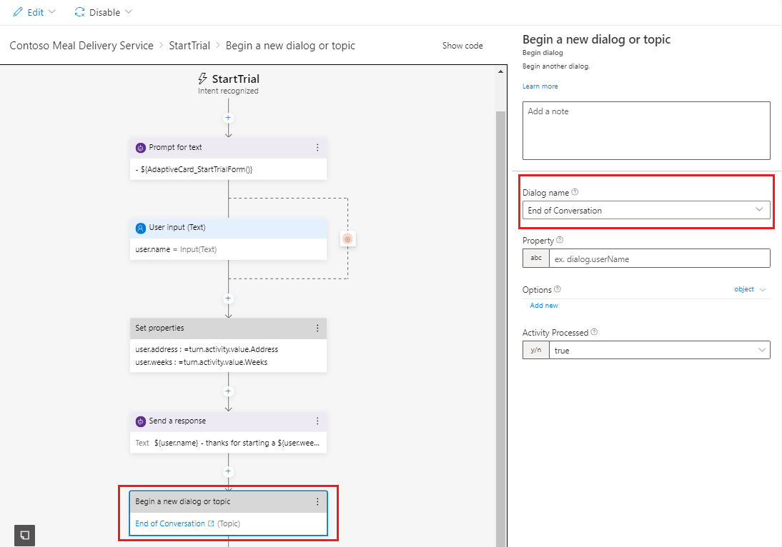 Screenshot of the Begin a Microsoft Copilot Studio topic action.