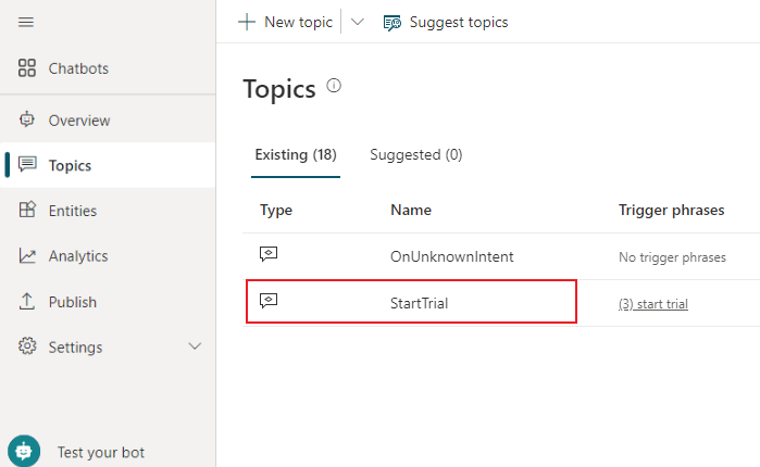 Screenshot of the new topic visible in Copilot Studio.