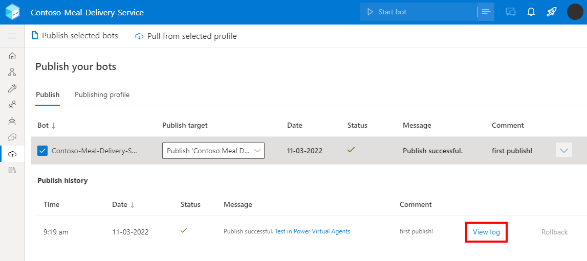 Screenshot of the View log button under Publish history.