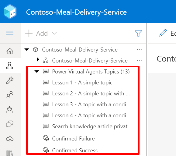 Screenshot of the list of topics in Composer that were imported from a Copilot Studio copilot.