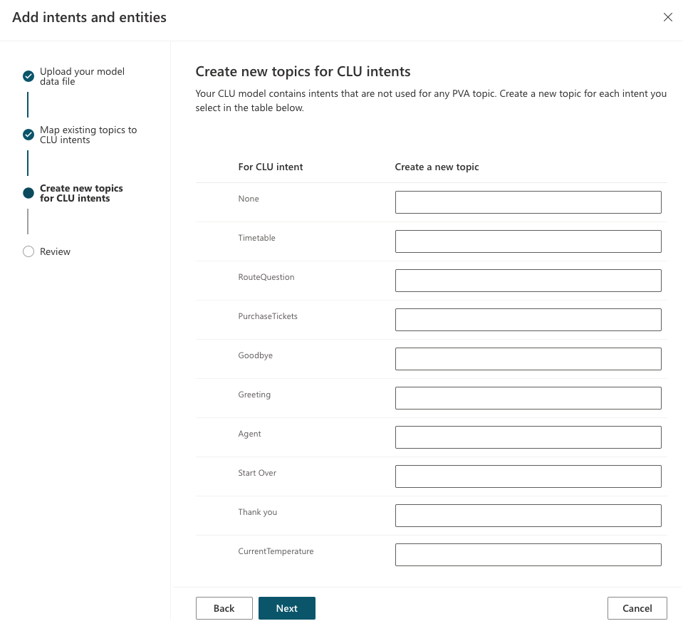 Create new topics for CLU intents.