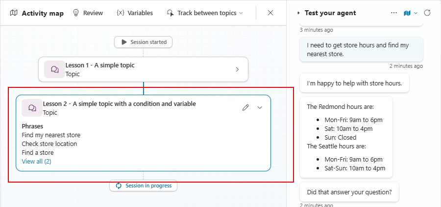 Screenshot of example 2, showing details from second of two topics chained together on the activity map.