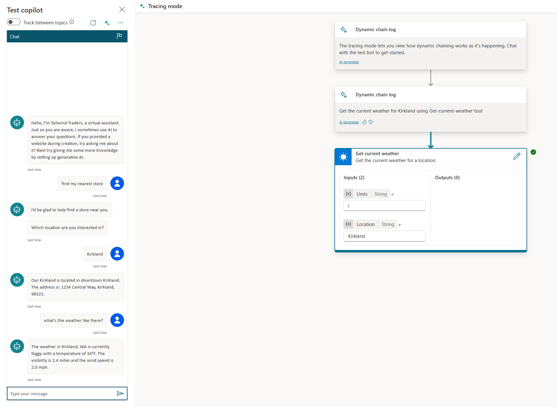 Screenshot of example 3, showing the conversation history and the weather action on the activity map.