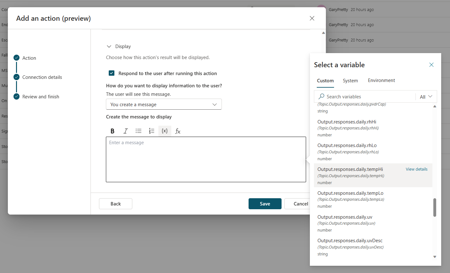 Screenshot of the output response editor with the variable picker open.