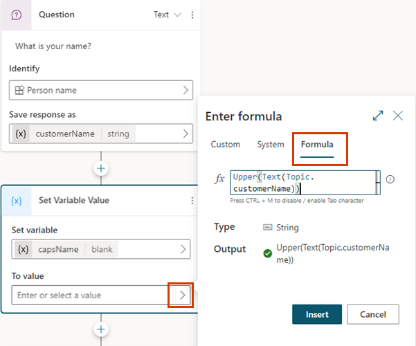 Screenshot of a Power Fx formula in a Set a Variable node with the Formula tab highlighted.