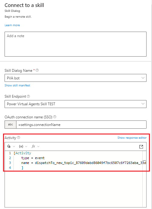 Screenshot highlighting where to add the Activity event code with the Microsoft Copilot Studio topic name.