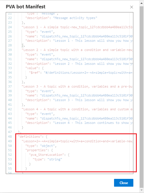 Screenshot of a skill manifest highlighting where to find input variables for a Microsoft Copilot Studio topic.