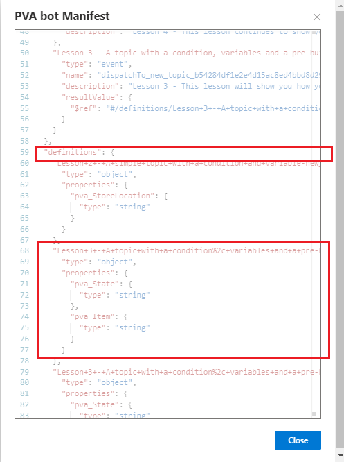 Screenshot of a skill manifest highlighting where to find output variables for a Microsoft Copilot Studio topic.