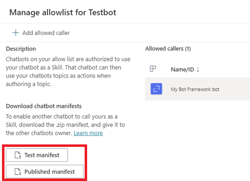 Screenshot of the Manage allowlist panel showing the Microsoft Copilot Studio copilot manifests.