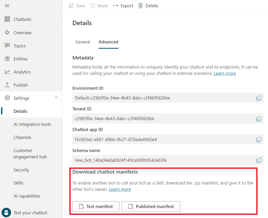 Screenshot of the Details page highlighting where to download the Microsoft Copilot Studio copilot manifests.