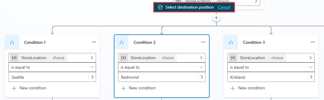 Screenshot highlighting the Select destination position notification message.