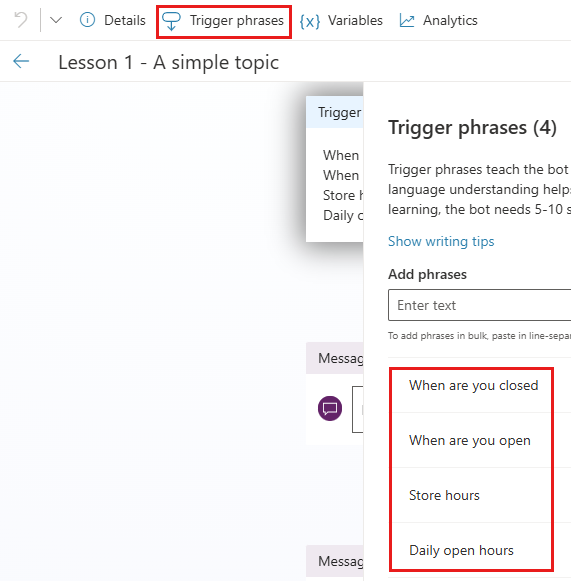 Screenshot that shows where the Trigger phrases button is located and how it reveals the trigger phrases for this topic.