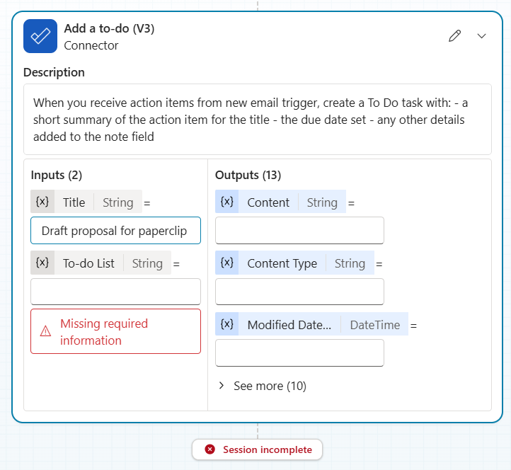 Screenshot of an activity map showing an action with a missing input.