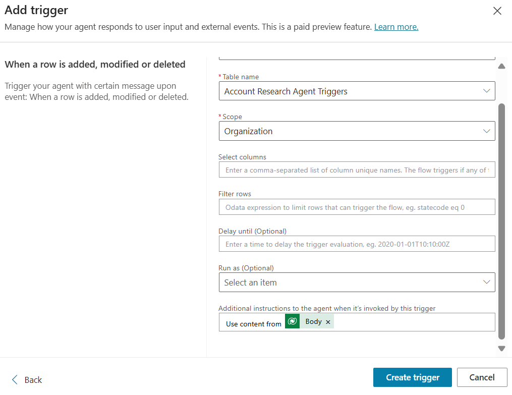 Screenshot of the fields for defining a trigger.