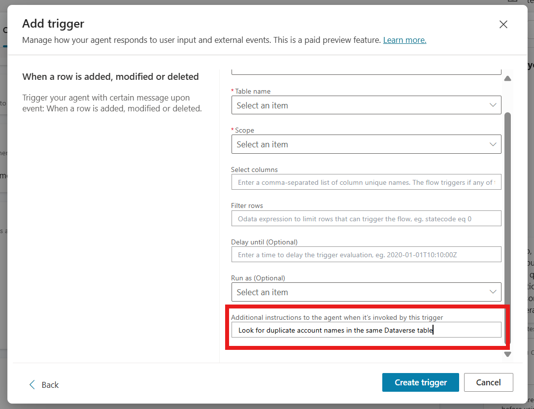 Screenshot of the field for adding trigger payload instructions when you create a trigger.