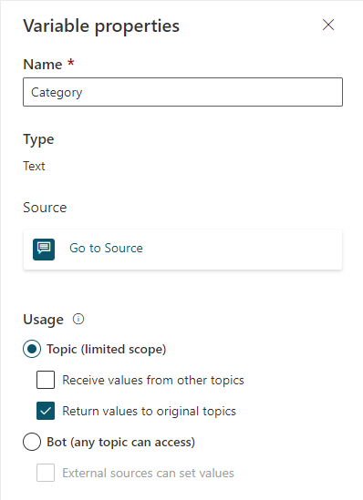 Screenshot of the authoring canvas showing the Variable properties pane with Return values to original topic selected.