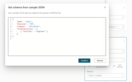 Screenshot showing Get schema from sample JSON.