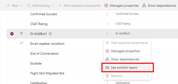 Selecting solution layers in Power Apps.