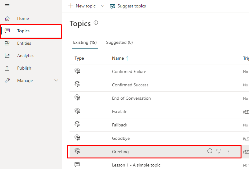 Screenshot of the Topics page, with the Greeting topic highlighted.