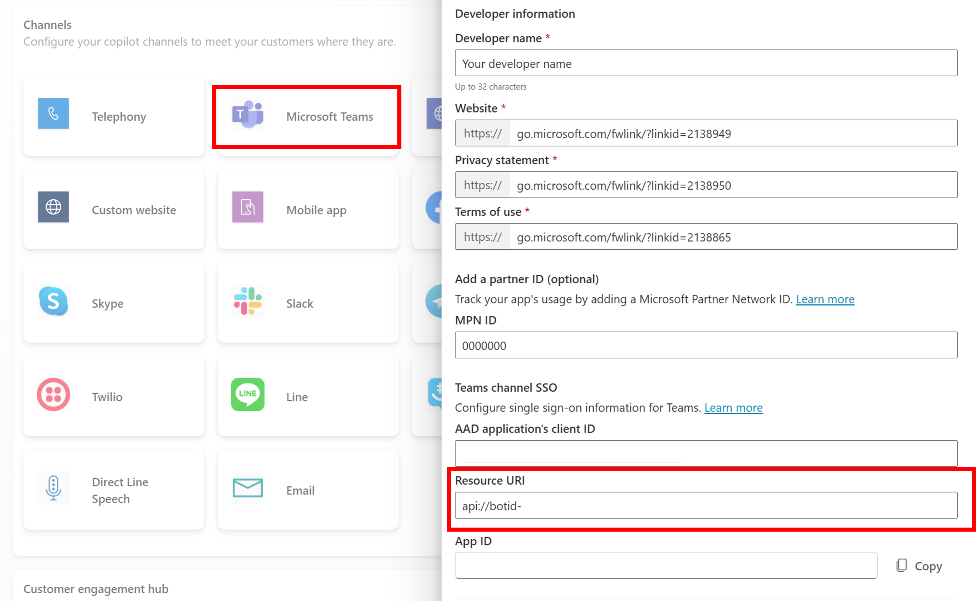 Screenshot of where to paste the Application ID URI in Teams channel of Copilot Studio.