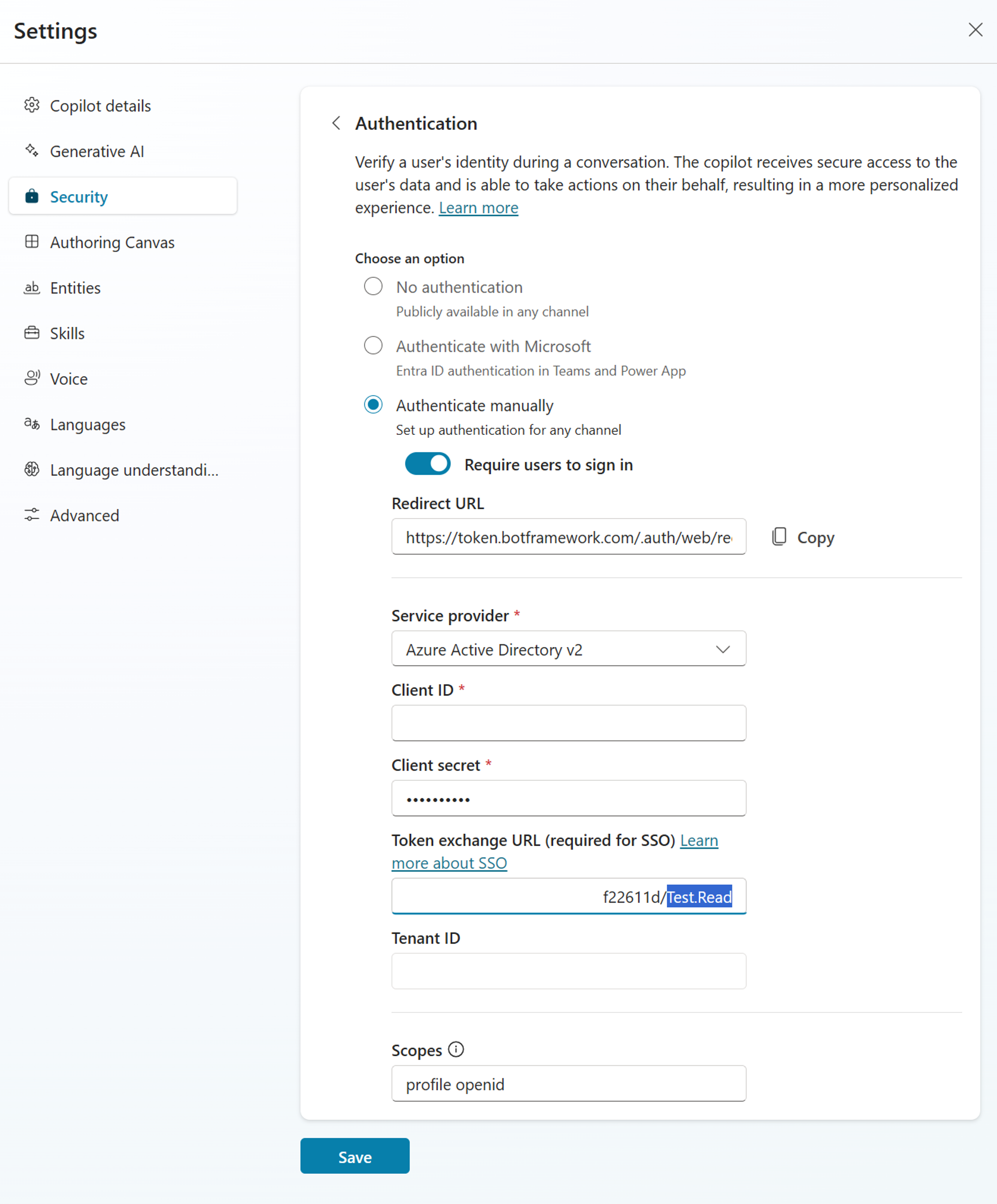 Screenshot of where to paste the token exchange URL in Copilot Studio.