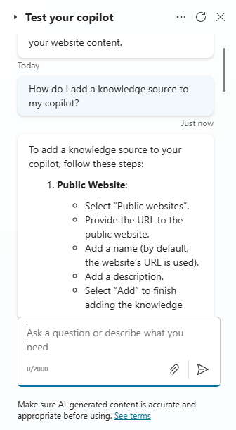 Screenshot of a test question in the Test your copilot chat.