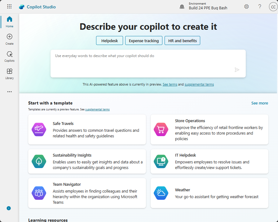 Screenshot of Copilot Studio home page.