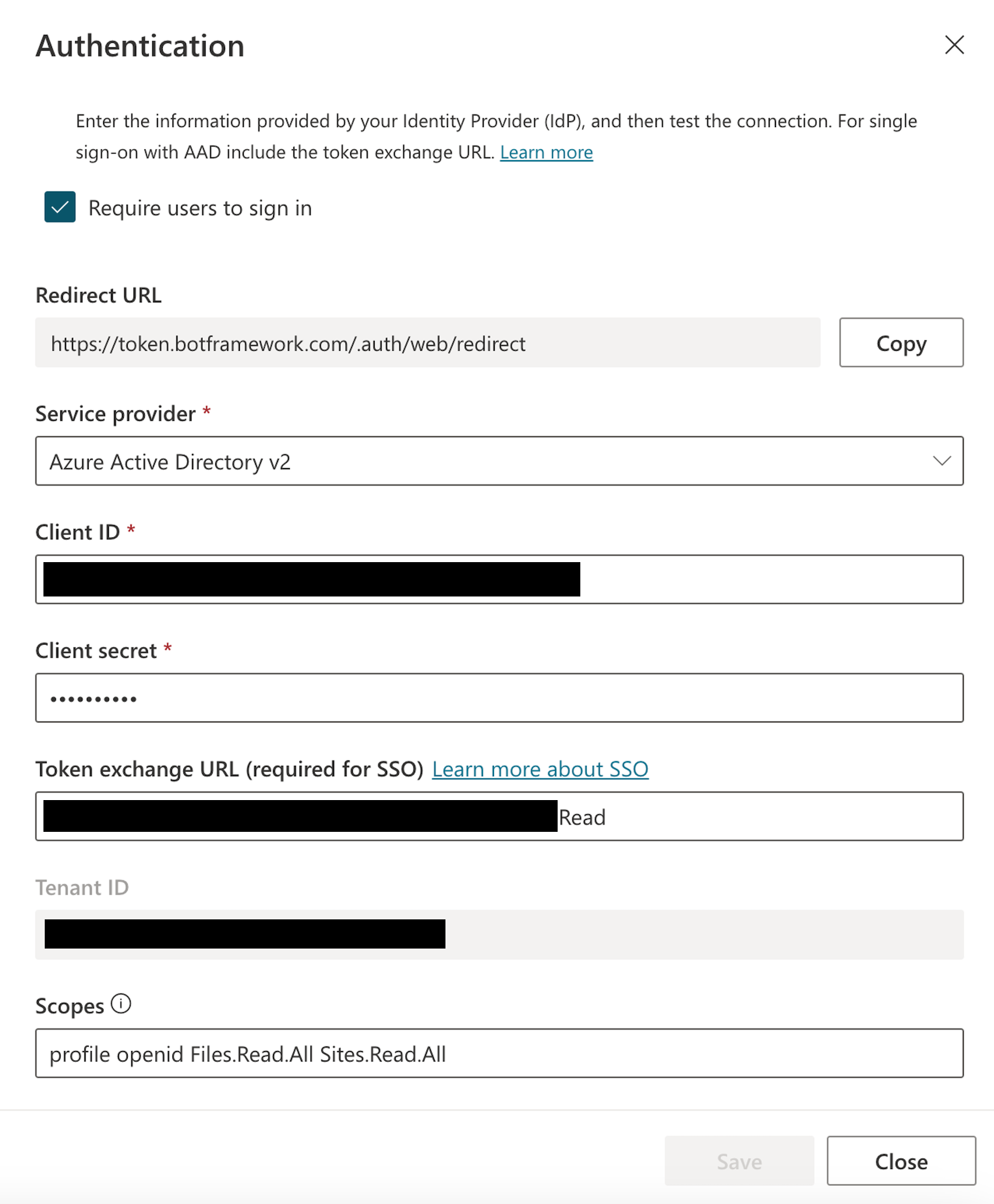 Screenshot showing Copilot Studio authentication settings.