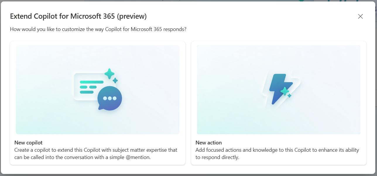 Screenshot of Copilot for Microsoft 365 extensions picker