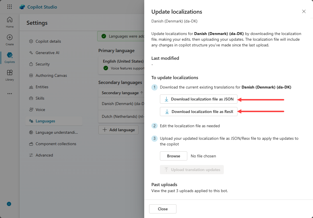 Screen showing pane to download and upload localization files.