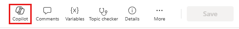 Screenshot of the topic toolbar highlighting the Copilot button.
