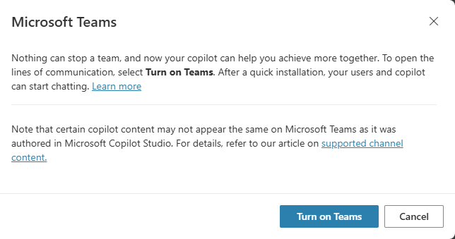 Screenshot of the configuration panel for the Teams + Microsoft 365 channel, in its initial state, showing checkbox to make agent available in Microsoft 365 Copilot.